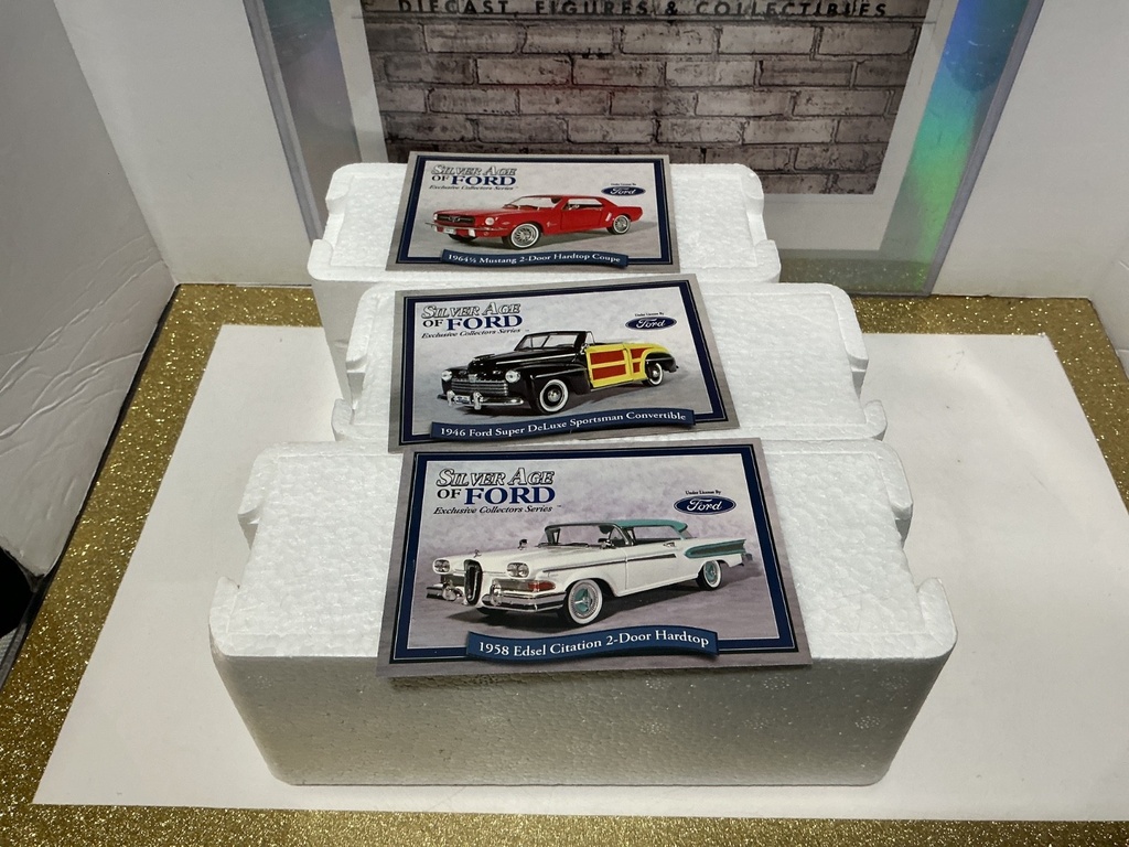 NATIONAL MUSEUM MINT SILVER AGE OF FORD - 1946 SPORTMAN/1958 EDSEL/1964 MUSTANG image