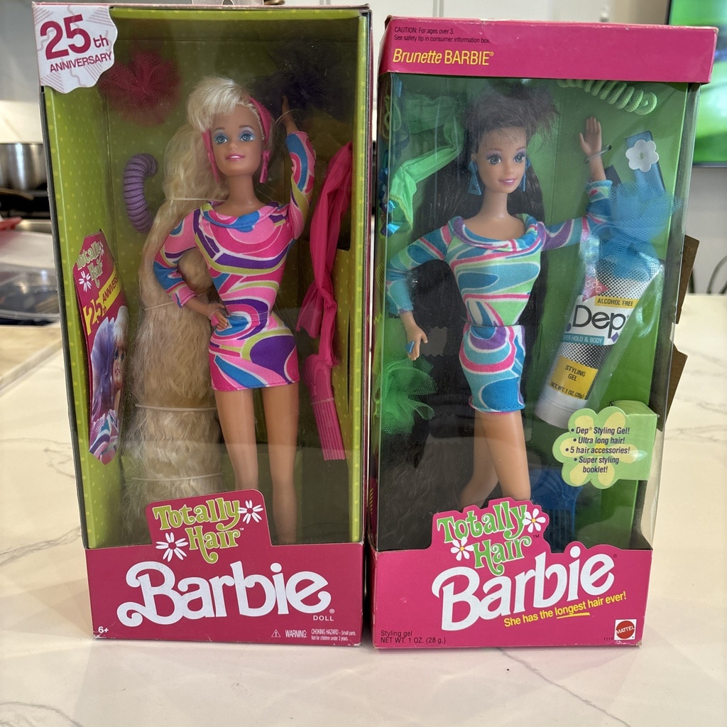 1991 NRFB Totally Hair BLOND & BrunetteBarbie Mattel NEW w DEP GEL image