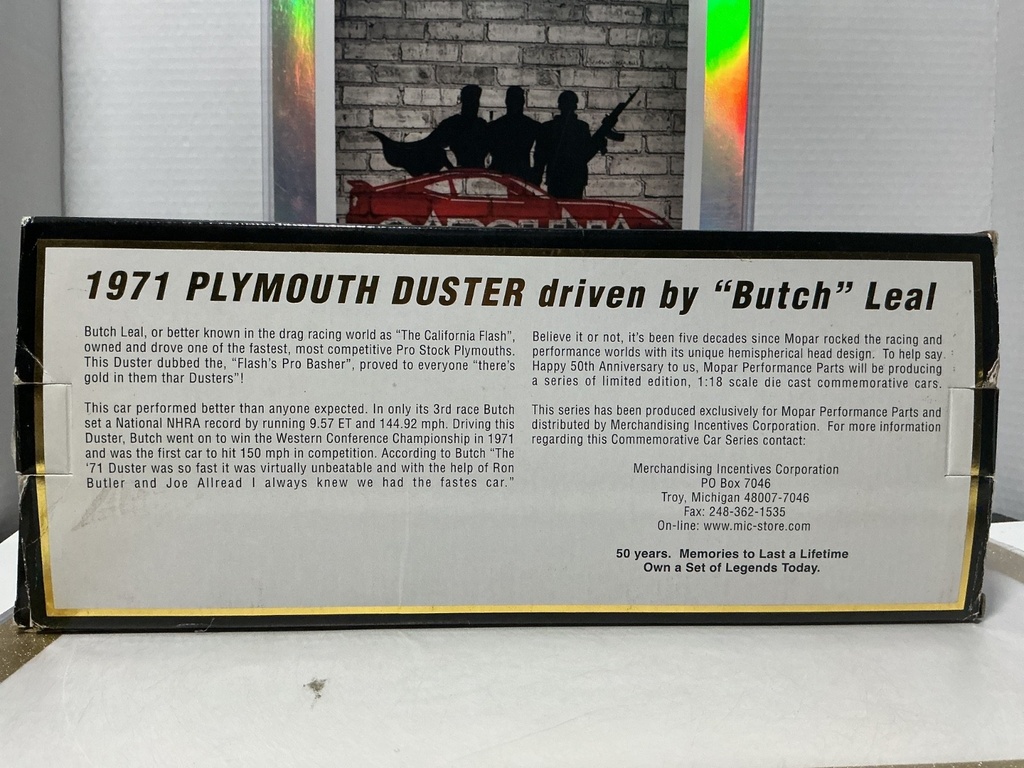 1:18 ERTL 50 YEARS HEMI MOPAR PERFORMANCE PARTS BUTCH LEAL 1971 PLYMOUTH DUSTER image