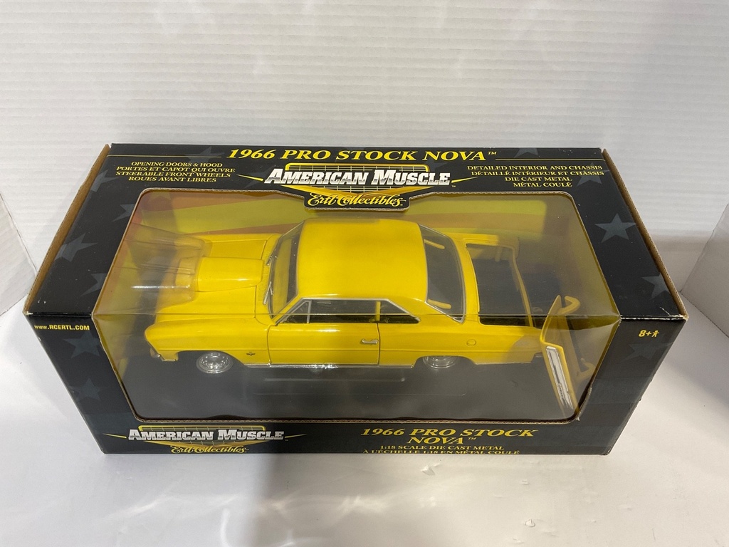 1:18 ERTL AMERICAN MUSCLE 1966 PRO STOCK NOVA YELLOW ON BLACK *TRUNK CAME OFF image