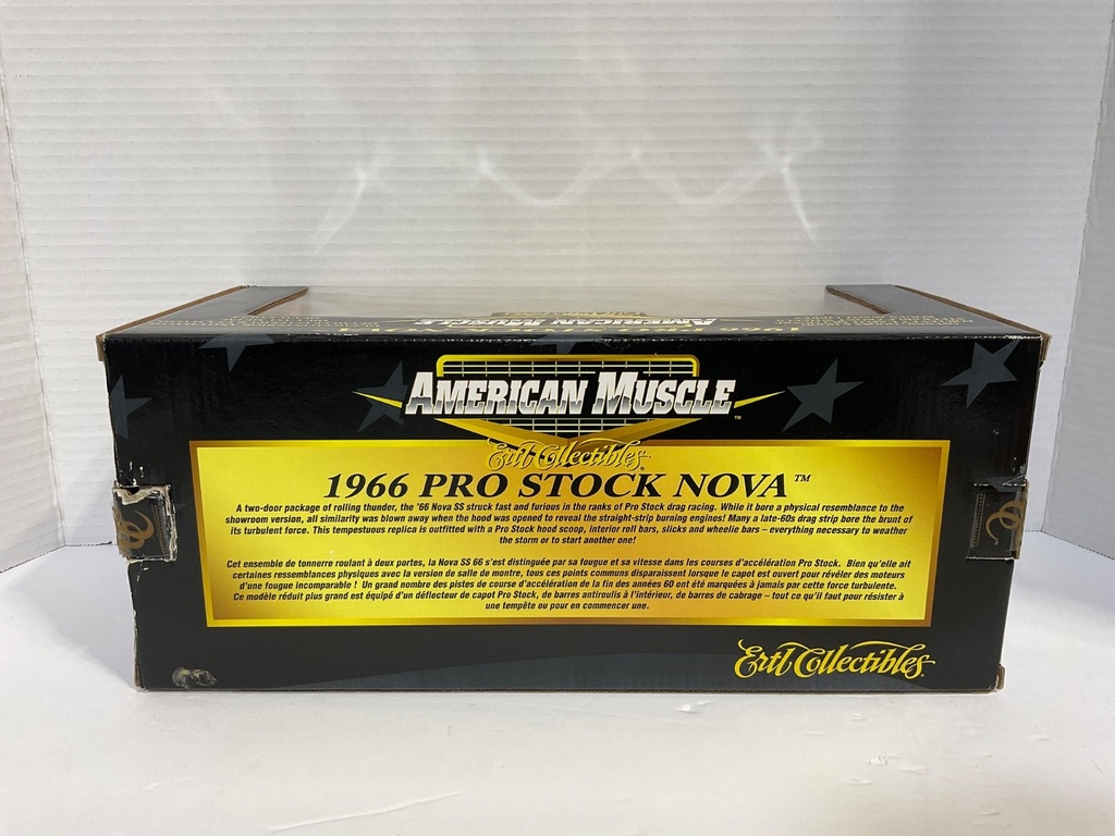 1:18 ERTL AMERICAN MUSCLE 1966 PRO STOCK NOVA YELLOW ON BLACK *TRUNK CAME OFF image