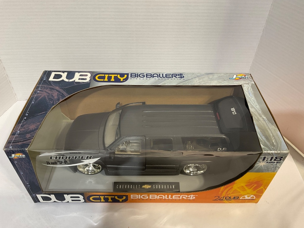 1:18 JADA TOYS DUB CITY (DISPLAYED) CHEVROLET SUBURBAN DARK GREY ON LIGHT GREY image