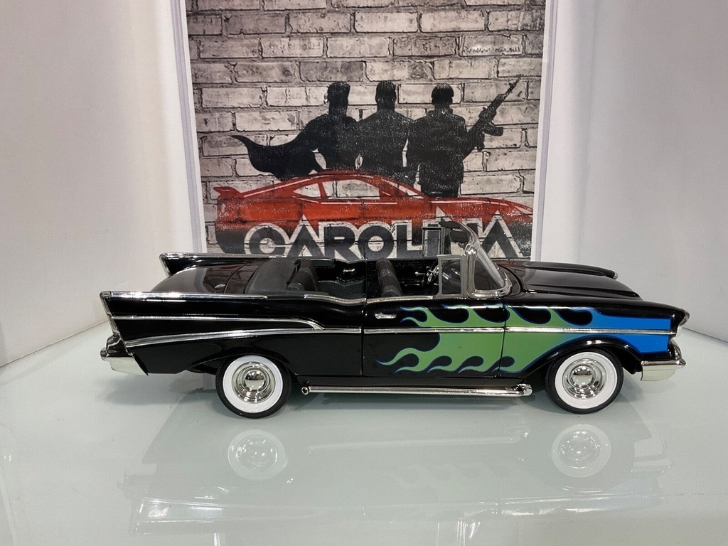 1:18 ERTL 1957 CHEVY BEL AIR CONVERTIBLE BLACK W/FLAMES ON BLACK image