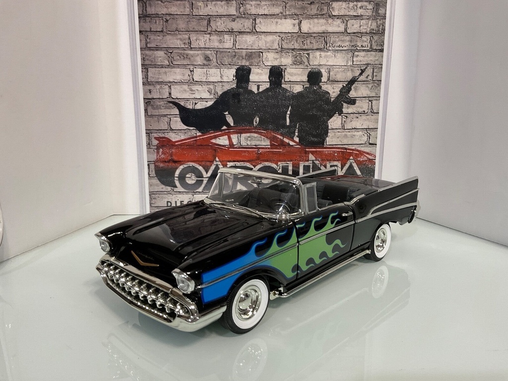1:18 ERTL 1957 CHEVY BEL AIR CONVERTIBLE BLACK W/FLAMES ON BLACK image
