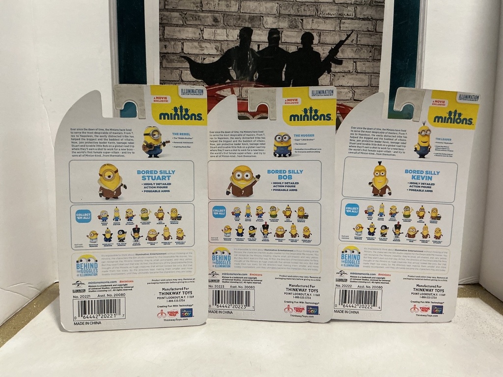 MINIONS MOVIE - 4-INCH SET PIECE OF 3: BORED SILLY STUART, BOB, KEVIN  B3 image