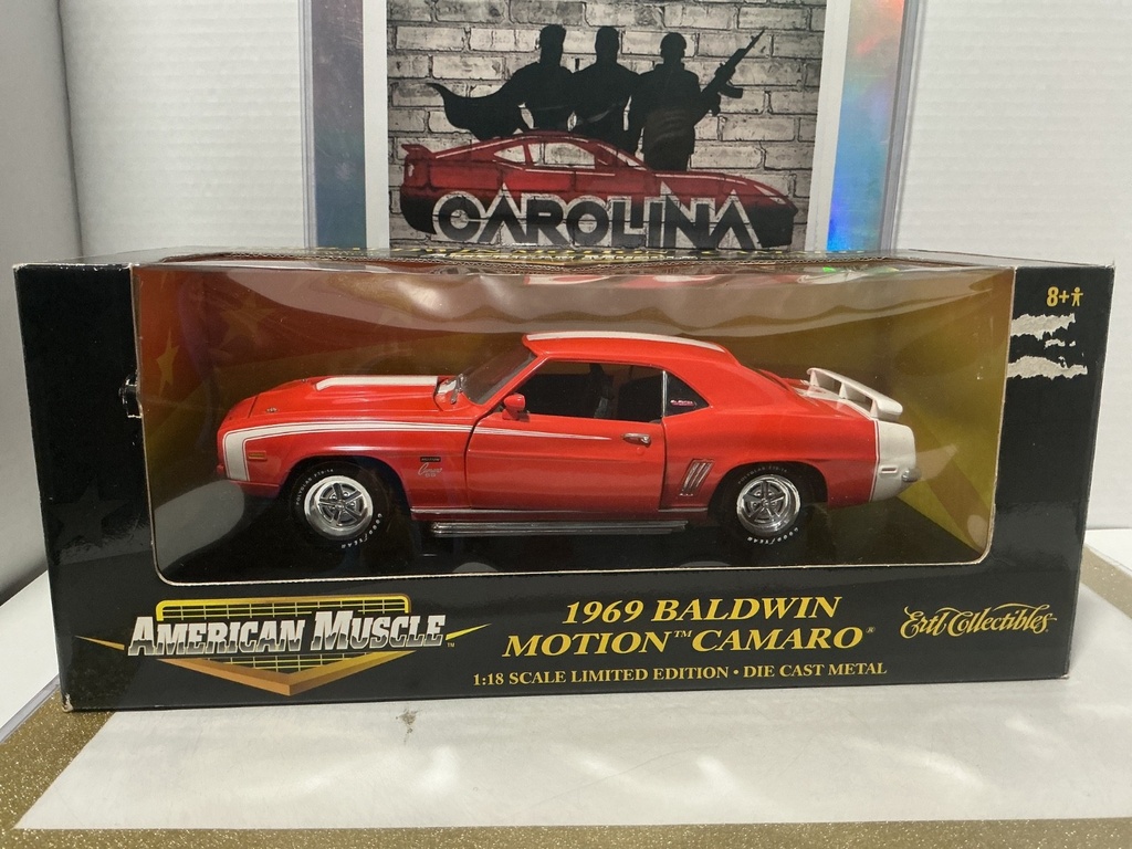 [112212] 1/18: ERTL 1969 BALDWIN MOTION CAMARO ORANGE W/ WHITE STRIPES