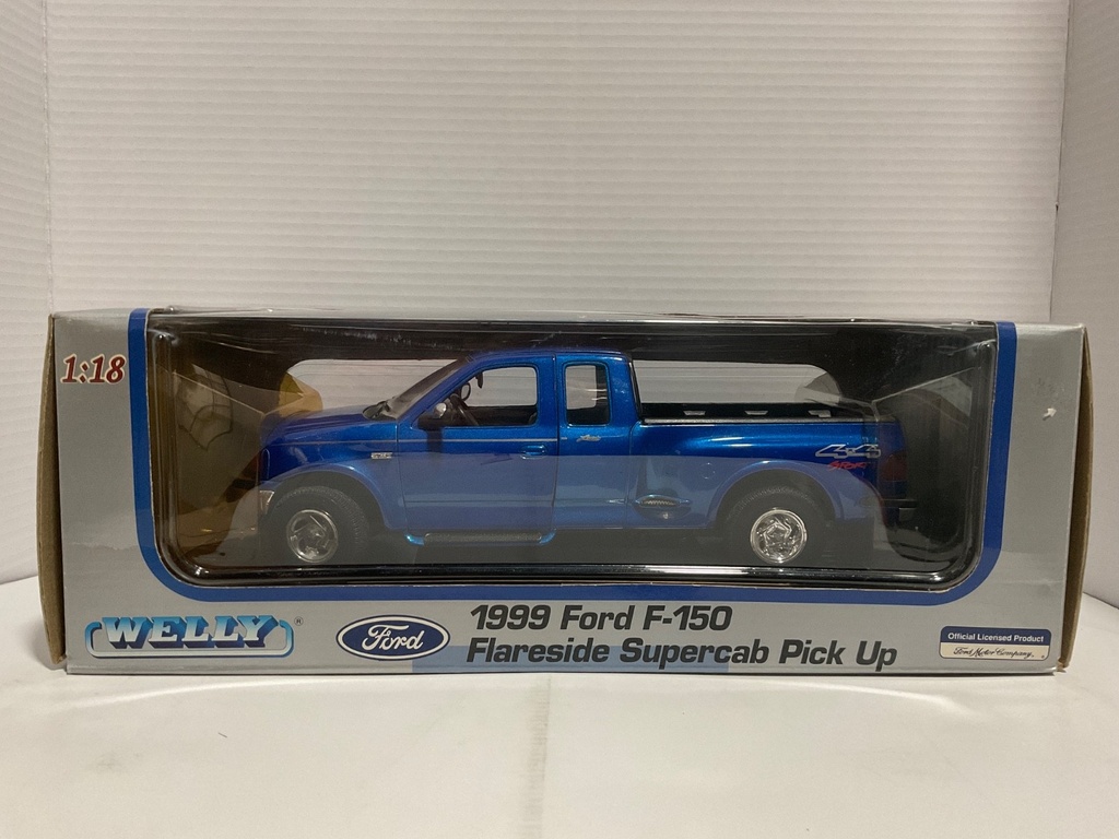 1:18 WELLY 1999 FORD F-150 FLARESIDE SUPERCAB PICK UP BLUE ON BLACK
