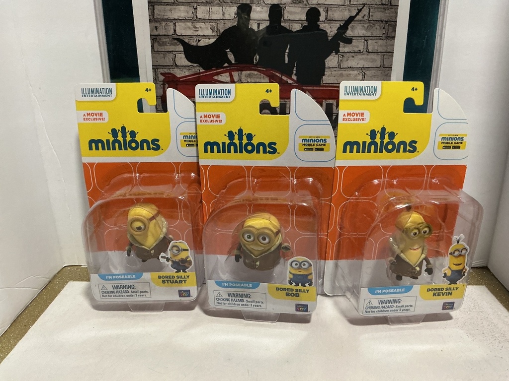 [287217681059] MINIONS MOVIE - 4-INCH SET PIECE OF 3: BORED SILLY STUART, BOB, KEVIN  B3
