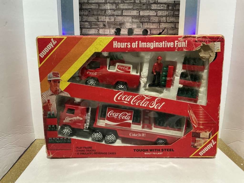 BUDDYL - [DAMAGED BOX/LOOSE ITEMS] 1984 COCA COLA TRUCK, BEVERAGES AND 1 FIGURE