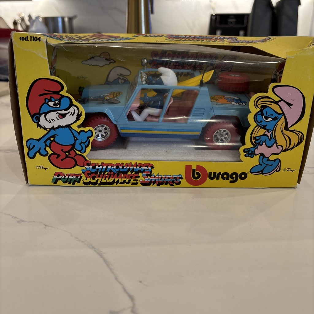 [287328334678] Smurfs Puffi  Jeep Vintage Smurf 1:24 Die Cast New NIB 1984 Burago Italy 80s