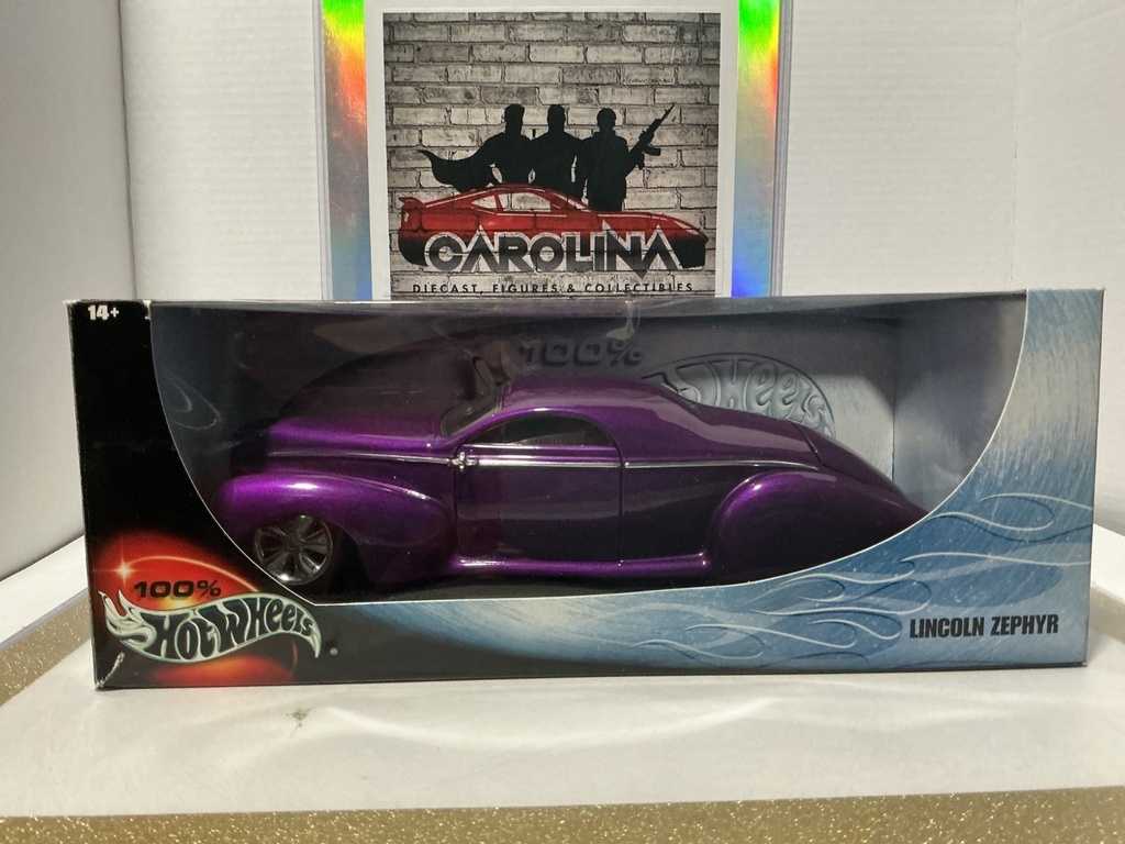 1:18 HOTWHEELS 100% 1937 LINCOLN ZEPHYR CUSTOM 3 WINDOW COUPE PURPLE ON WHITE
