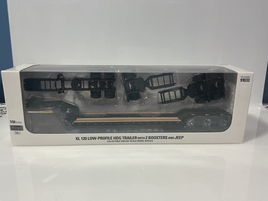 1:50 DIECAST MASTERS XL 120 LOW PROFILE HD G TRAILER WITH TWO BOOSTERS AND JEEP #91033