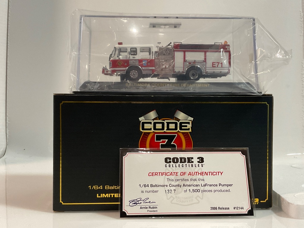 1/64 CODE 3 BALTIMORE COUNTY AMERICAN LAFRANCE PUMPER  12144