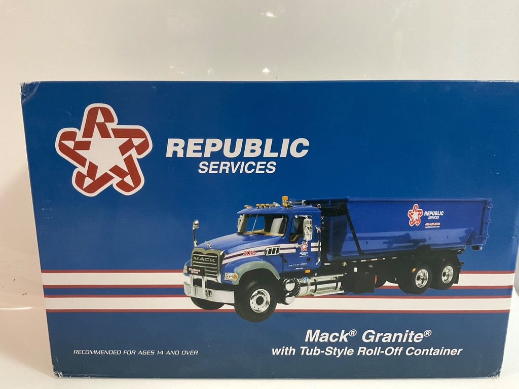 1/34 FIRST GEAR MACK GRANITE W/ TUB STYLE ROLL OFF CONTAINER 18-4046