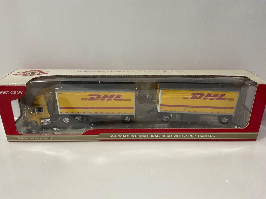 [118944.] 1/64 FIRST GEAR INTERNATIONAL 8600 WITH 2 PUP TRAILERS DHL 