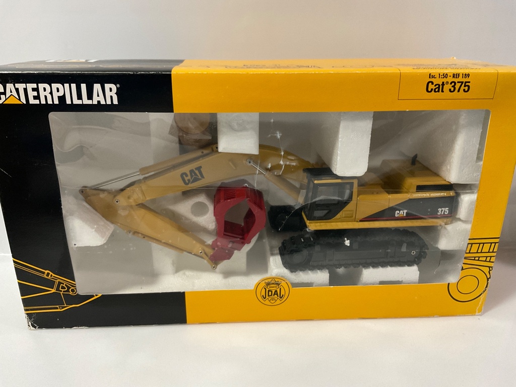 1/50 JOAL CAT 375 HYDRAULIC EXCAVATOR DEMOLITION GRAPPLE  WITH LOG  BOX IMPERFECT